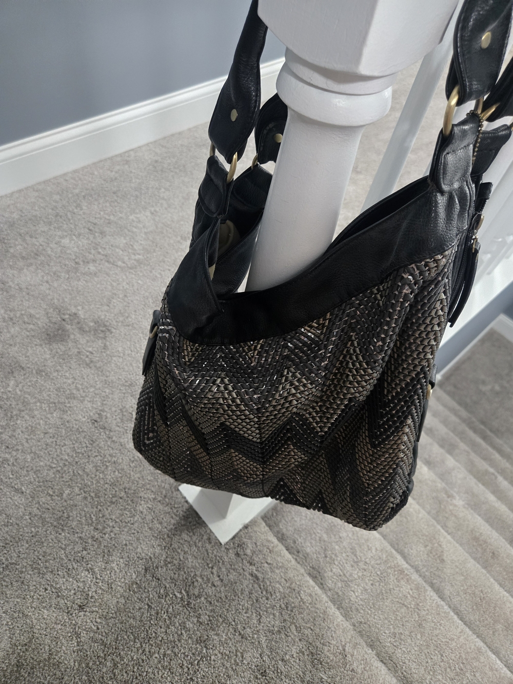 Big Buddha Black and Brown Woven Chevron Hobo